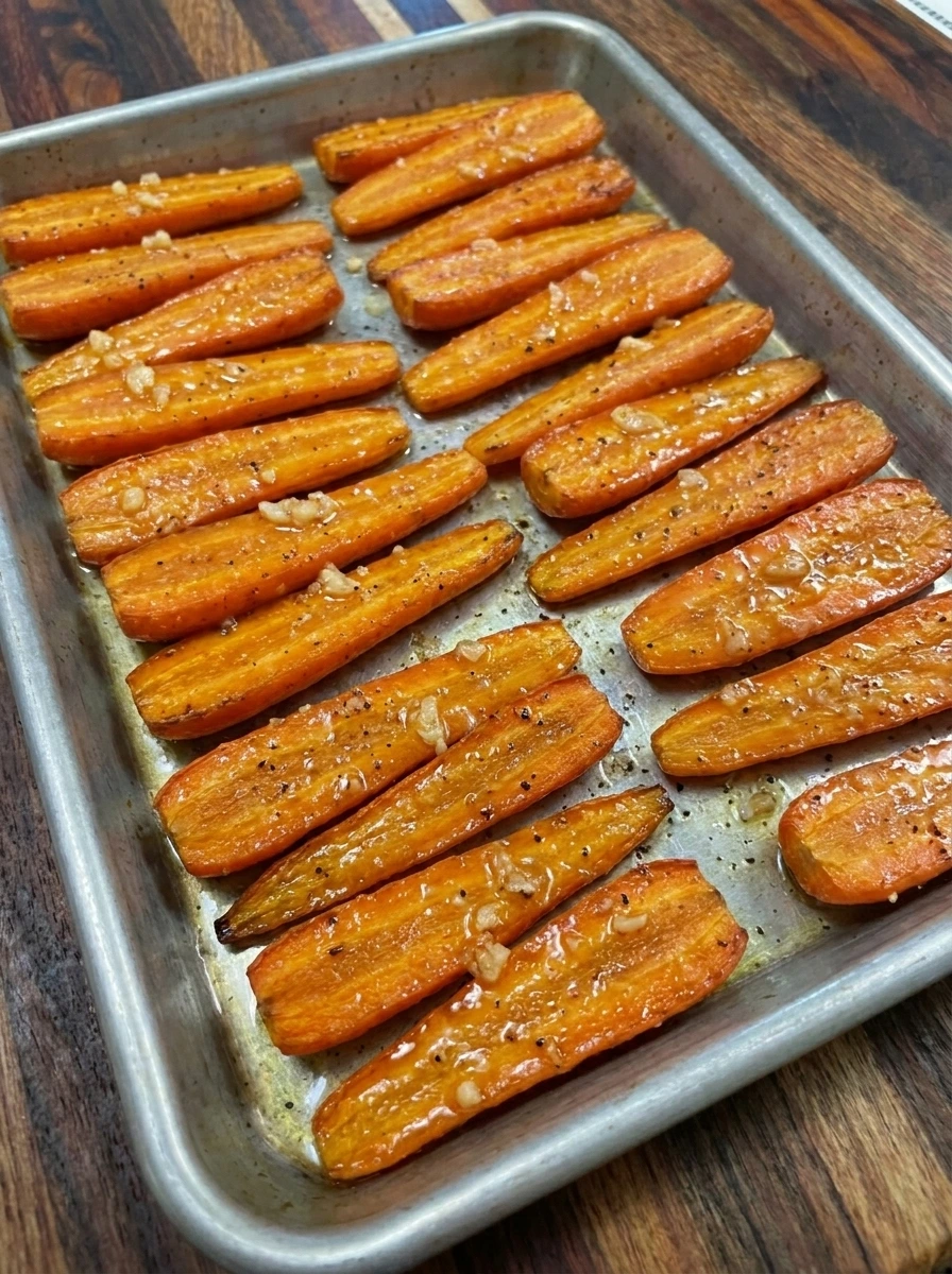 Honey Garlic Roasted Carrots halfway through roasting with early golden edges