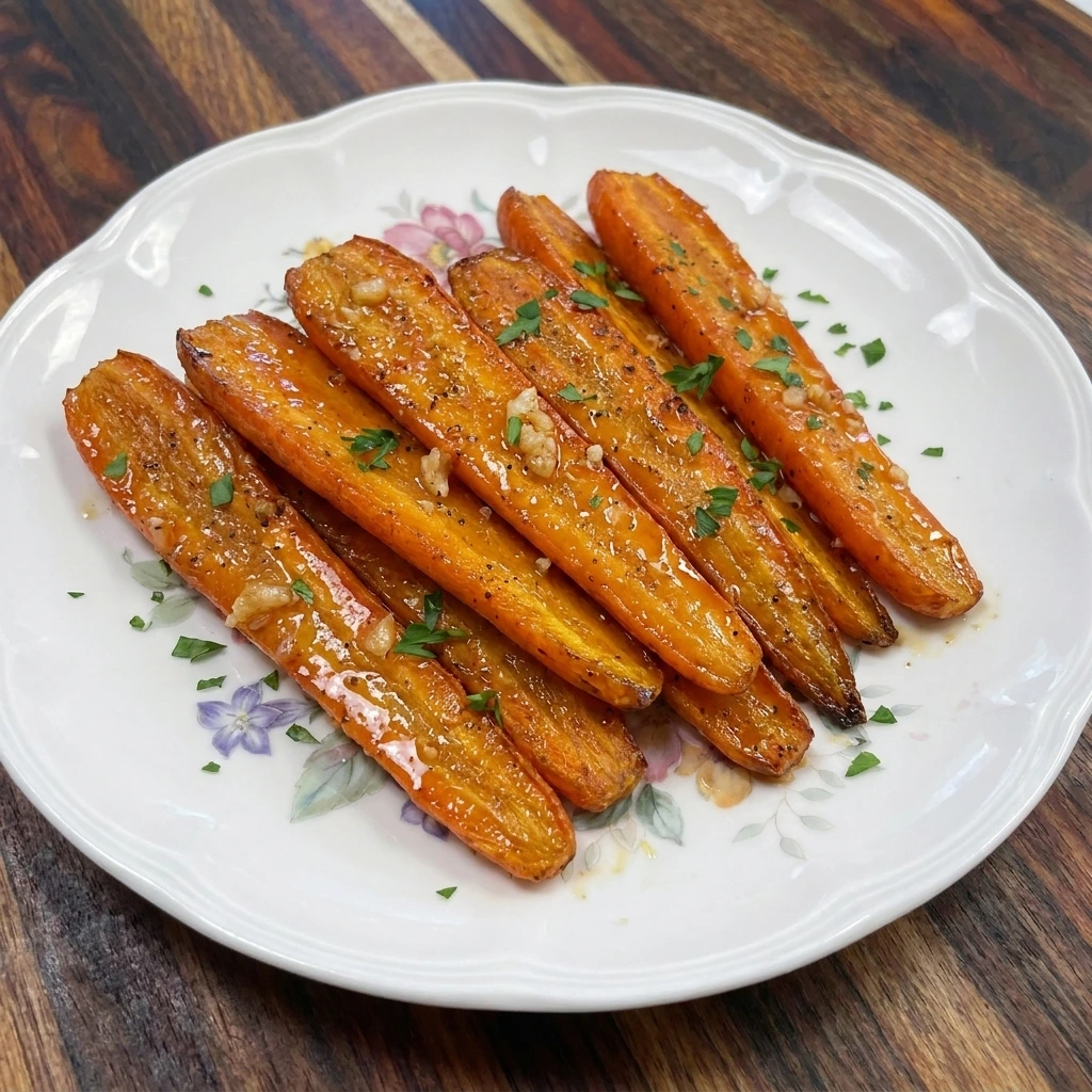 Single serving of Honey Garlic Roasted Carrots with parsley and glossy caramelized glaze