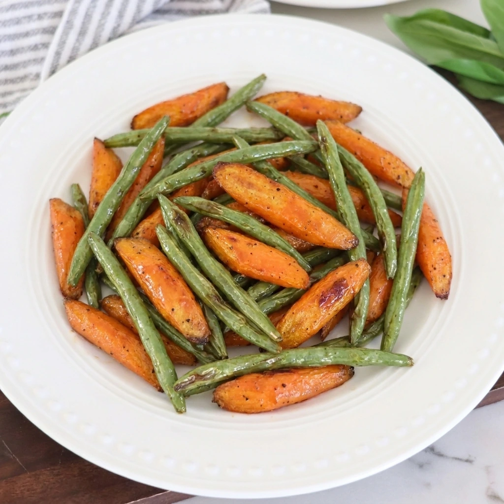 Honey-Glazed Carrots and Green Beans with glossy honey butter coating and caramelized edges on a white serving platter