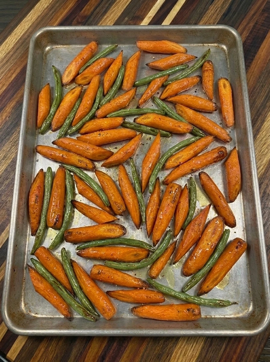 Carrots and green beans roasting together with glossy honey glaze and lightly browned edges