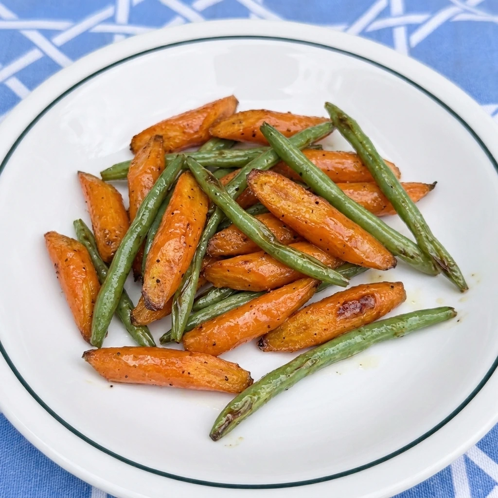 Single serving of honey glazed carrots and green beans with golden caramelized edges on a white plate