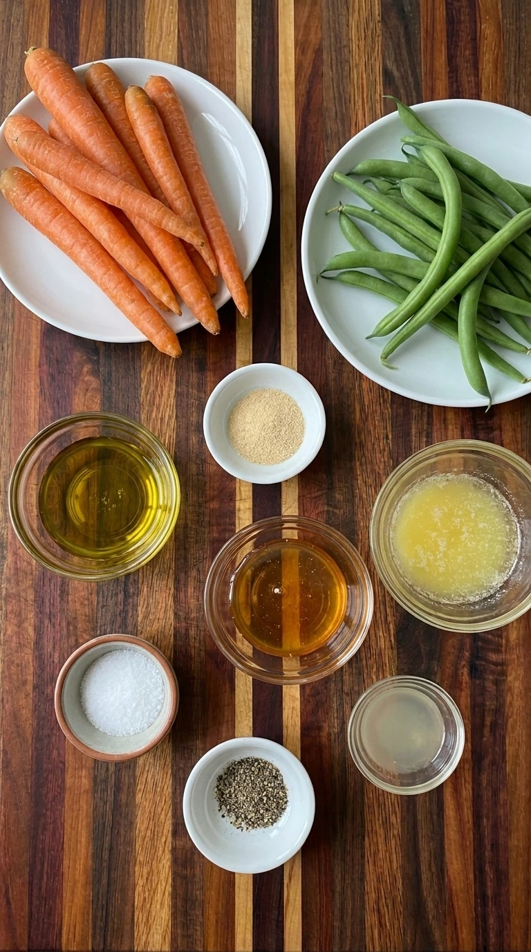 Fresh carrots and green beans with honey butter olive oil lemon juice and seasonings in separate small containers