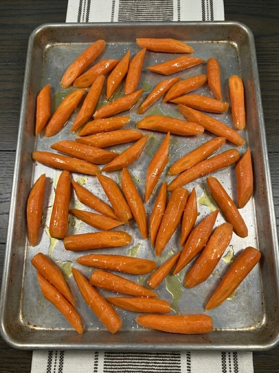 Raw diagonal carrot pieces coated with olive oil and spread on a roasting tray