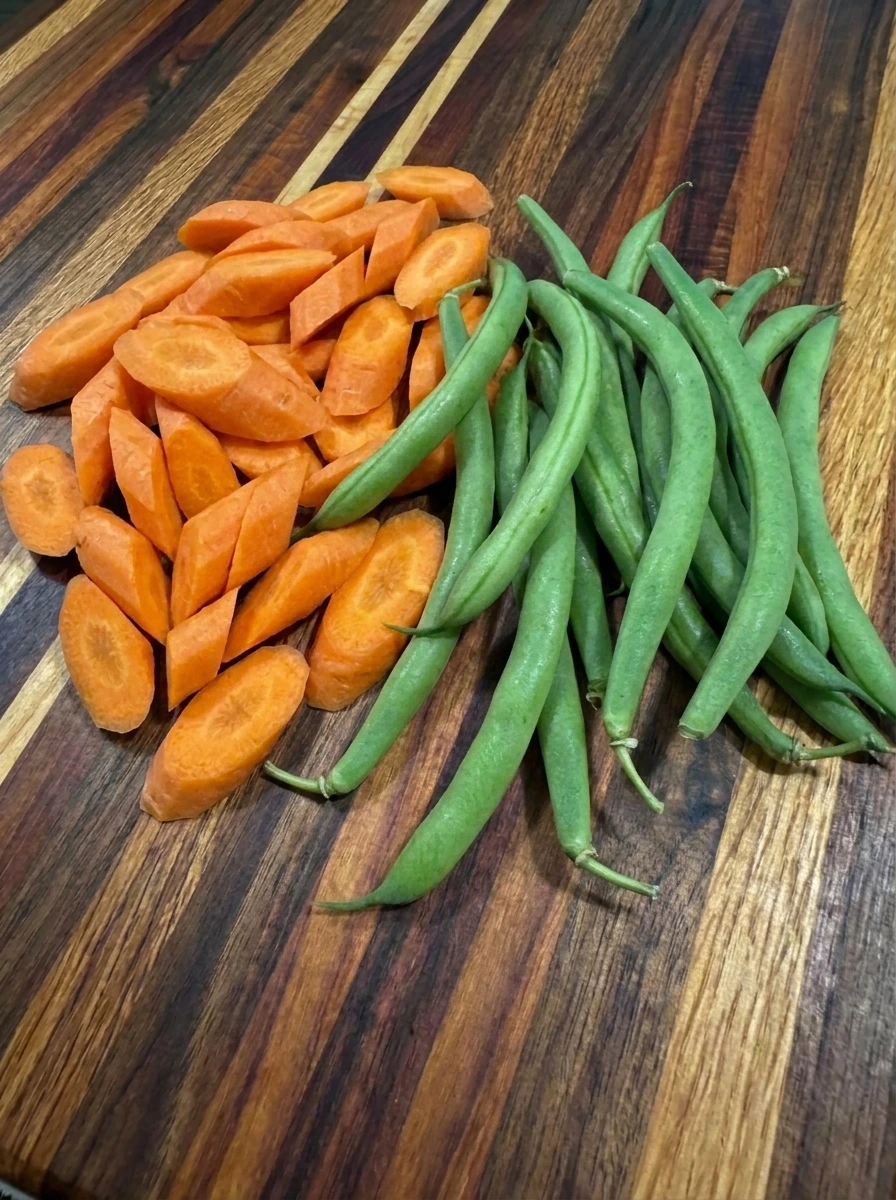 Fresh carrots sliced diagonally and whole green beans trimmed for honey glazed roasted vegetables