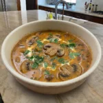 Creamy Hungarian Mushroom Soup with tender mushrooms and sweet paprika topped with sour cream and fresh dill.
