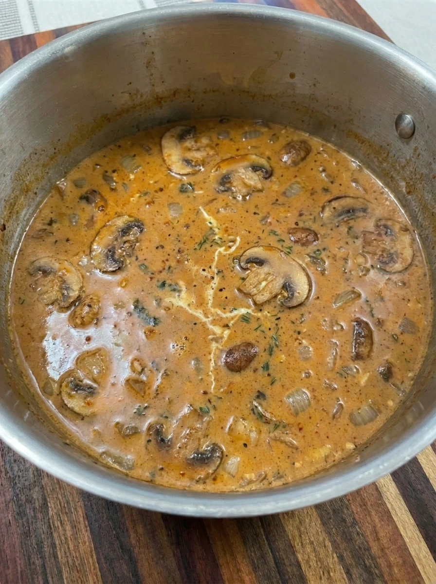 Creamy Hungarian Mushroom Soup after adding milk and tempered sour cream.