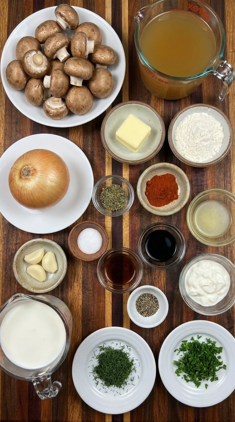Ingredients for Hungarian Mushroom Soup including cremini mushrooms and paprika with sour cream and fresh herbs.