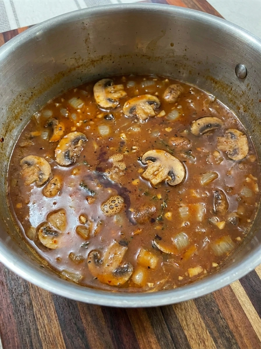 Hungarian Mushroom Soup simmering with mushroom slices in a thickening paprika broth.