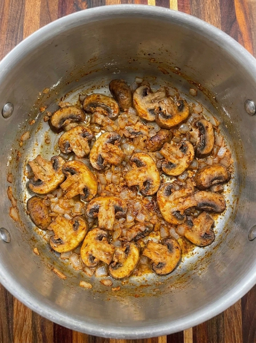 Sautéed mushrooms coated with Hungarian paprika and flour before adding broth.