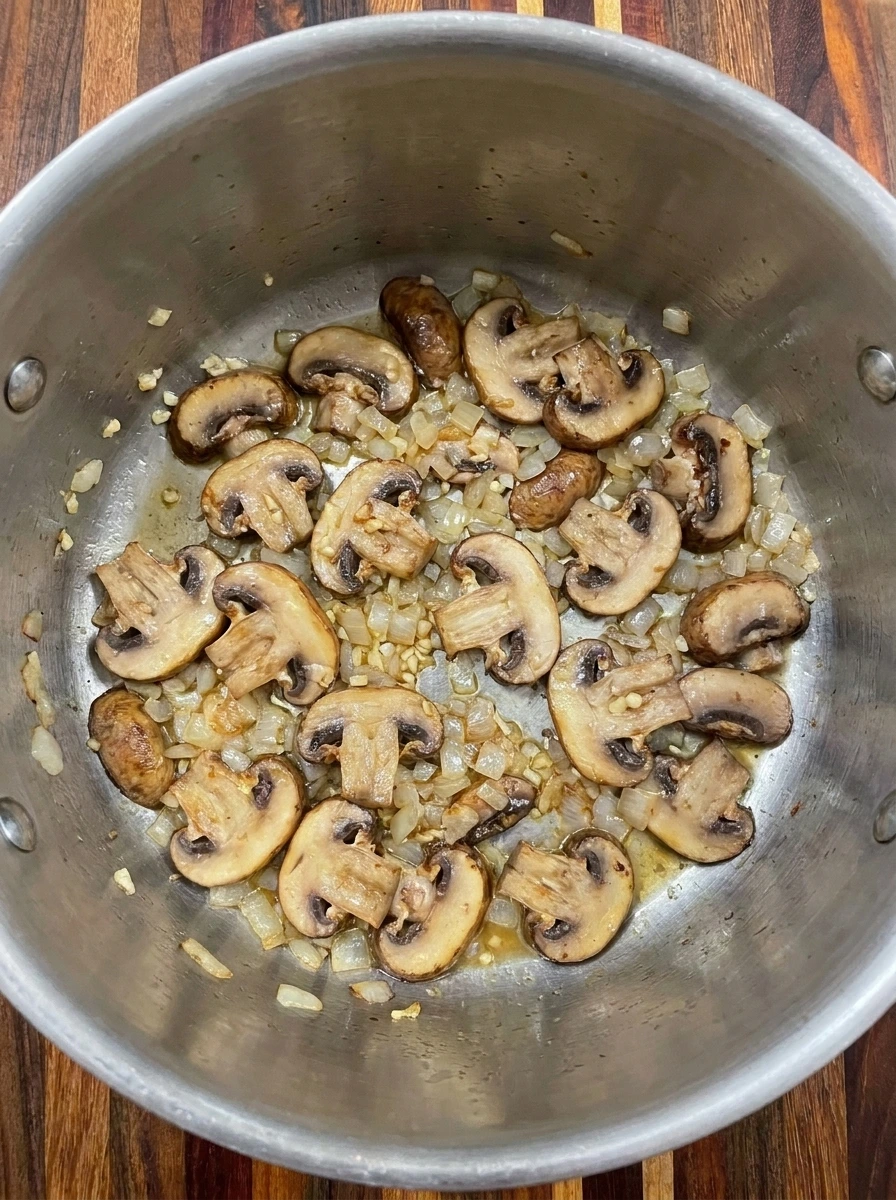 Cremini mushrooms sautéed with softened onion and garlic until lightly browned.
