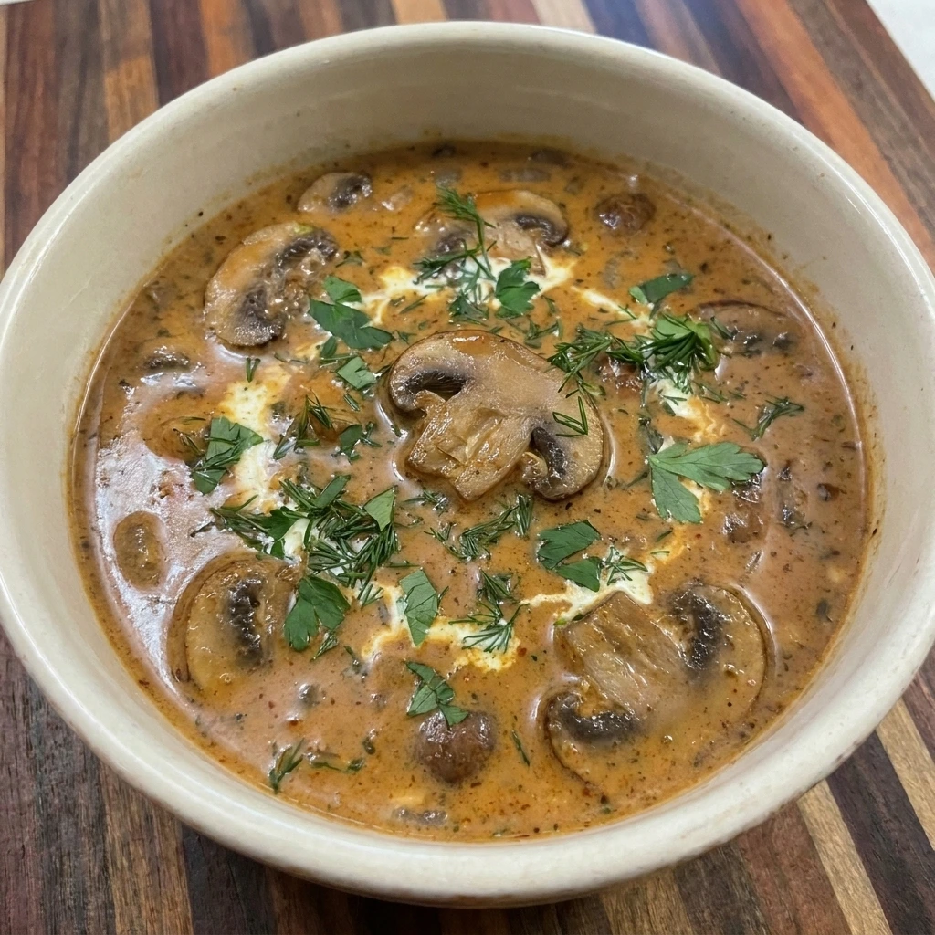 Single bowl of Hungarian Mushroom Soup with creamy paprika broth and fresh dill and parsley.
