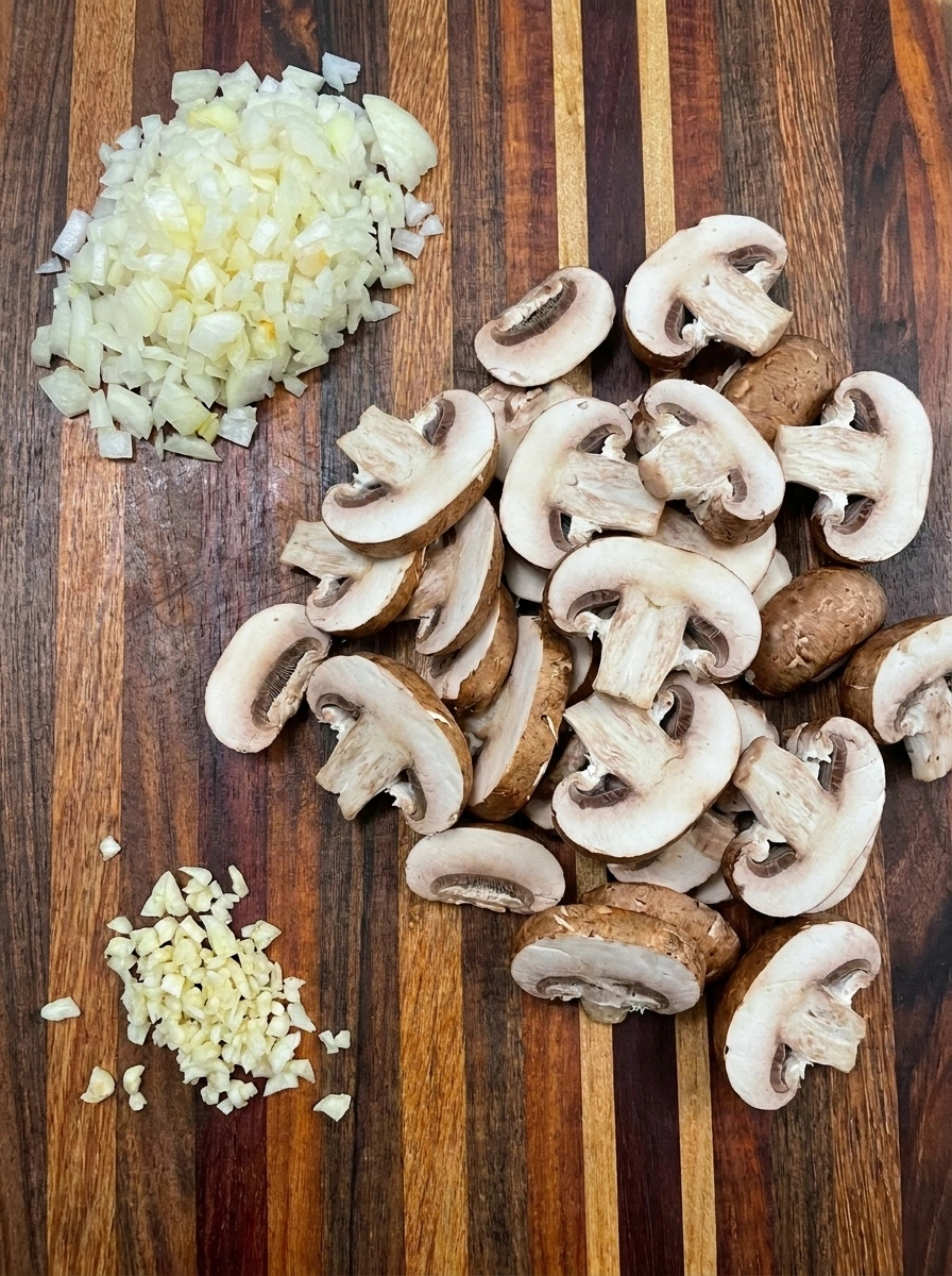 Sliced cremini mushrooms with diced onion and minced garlic ready for Hungarian Mushroom Soup.