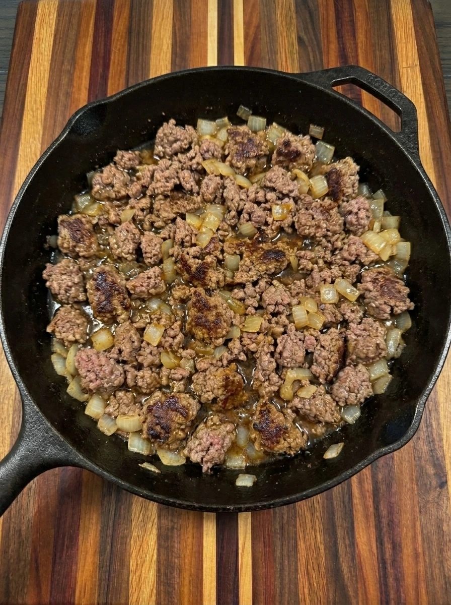 Ground beef browned with diced onion in a cast iron skillet for taco bowls