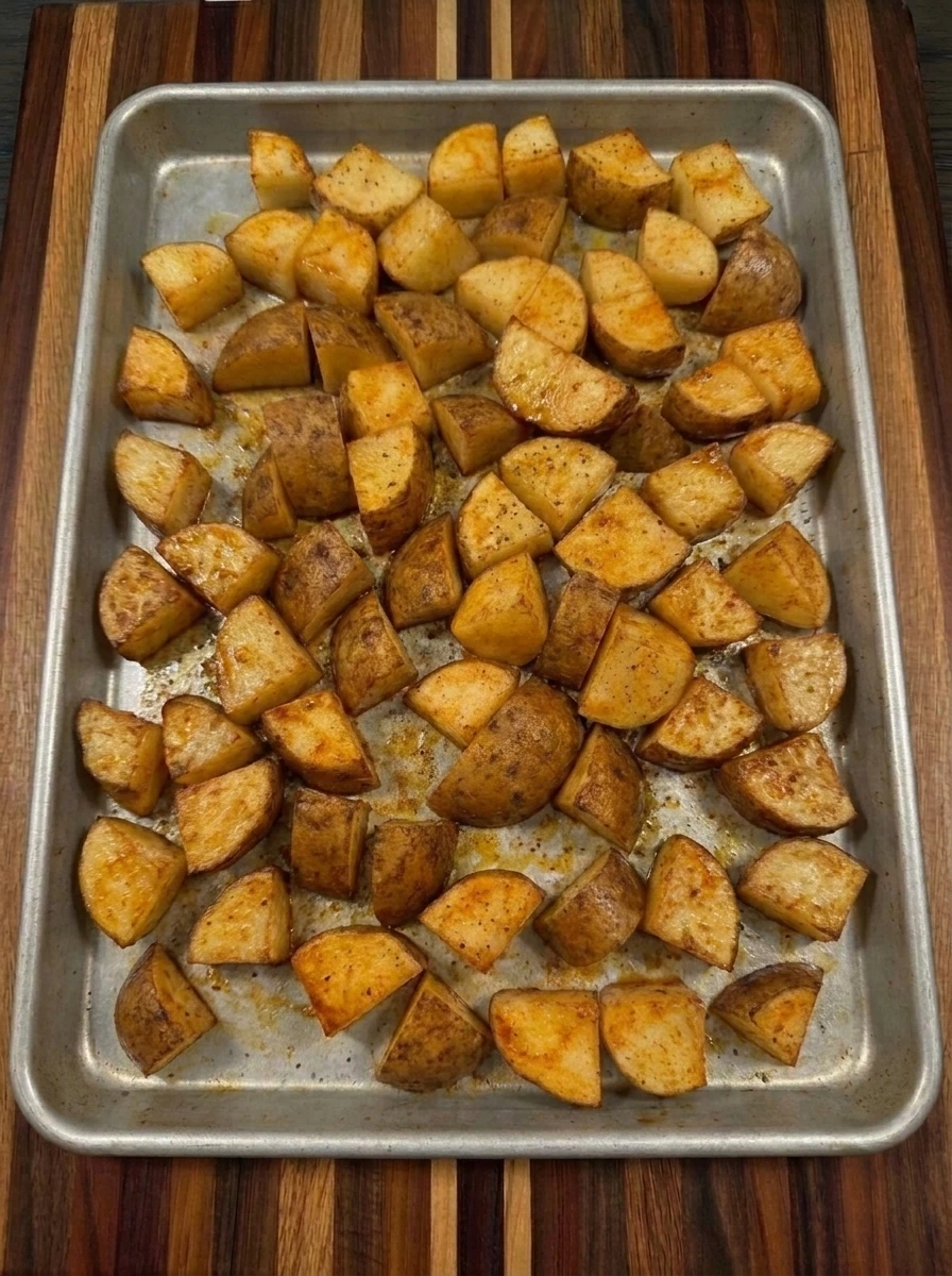 Crispy golden roasted potato cubes ready for a Loaded Potato Taco Bowl
