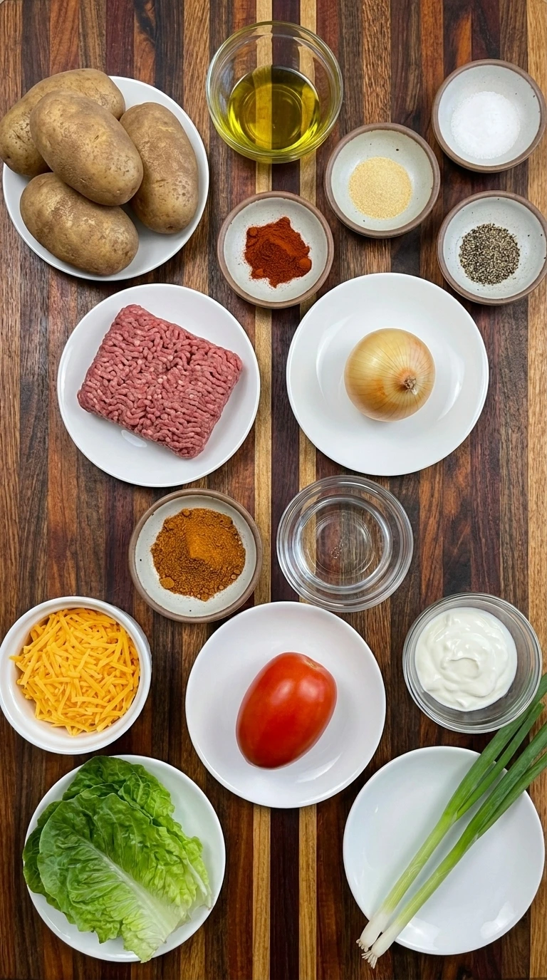 Ingredients for Loaded Potato Taco Bowl including potatoes and raw ground beef and cheddar cheese and fresh taco toppings