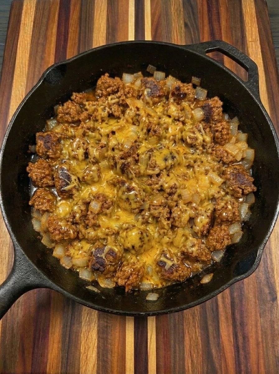 Taco seasoned ground beef topped with melted cheddar cheese in a cast iron skillet