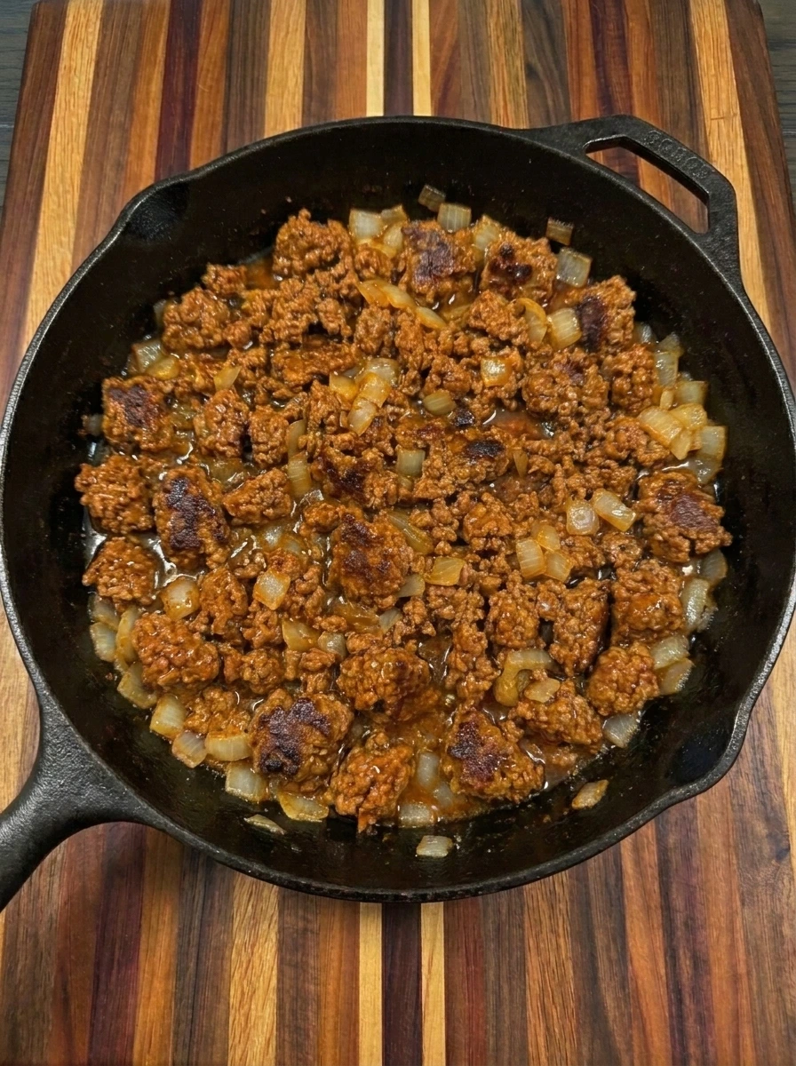 Ground beef simmered in rich taco seasoning sauce for Loaded Potato Taco Bowl