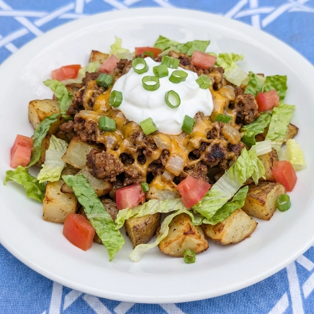 Single serving of Loaded Potato Taco Bowl with crispy potatoes and cheesy beef and fresh toppings