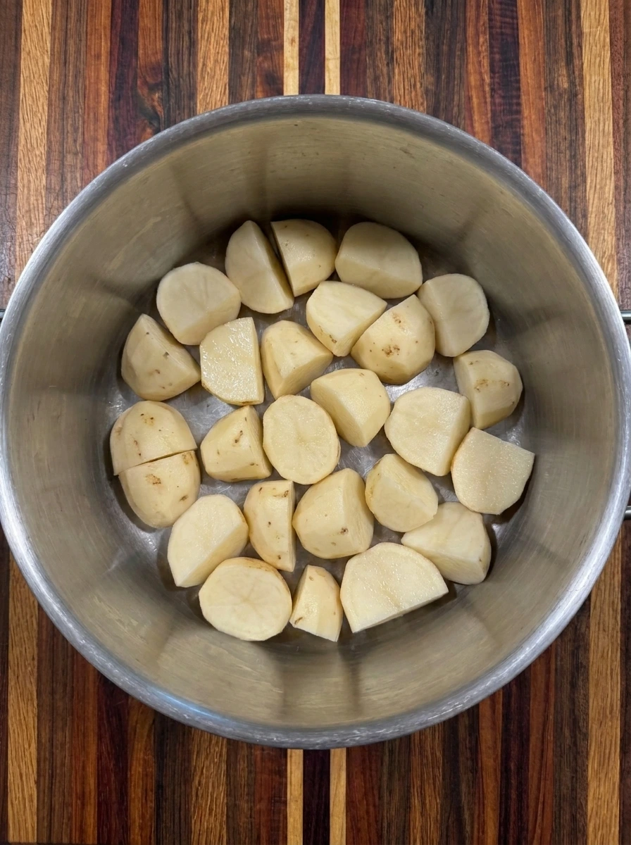 Peeled russet potatoes cut into chunks for Mashed Potatoes