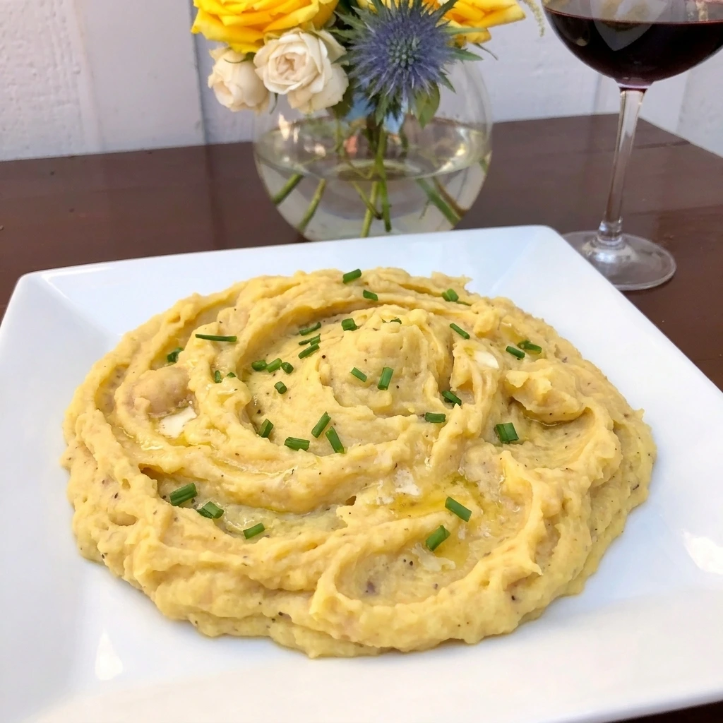 Single serving of creamy Mashed Potatoes with butter and chives