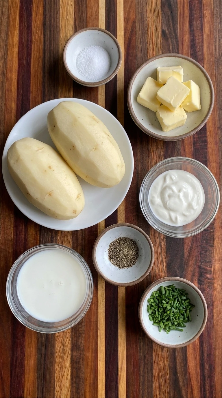 Ingredients for homemade Mashed Potatoes arranged in separate containers