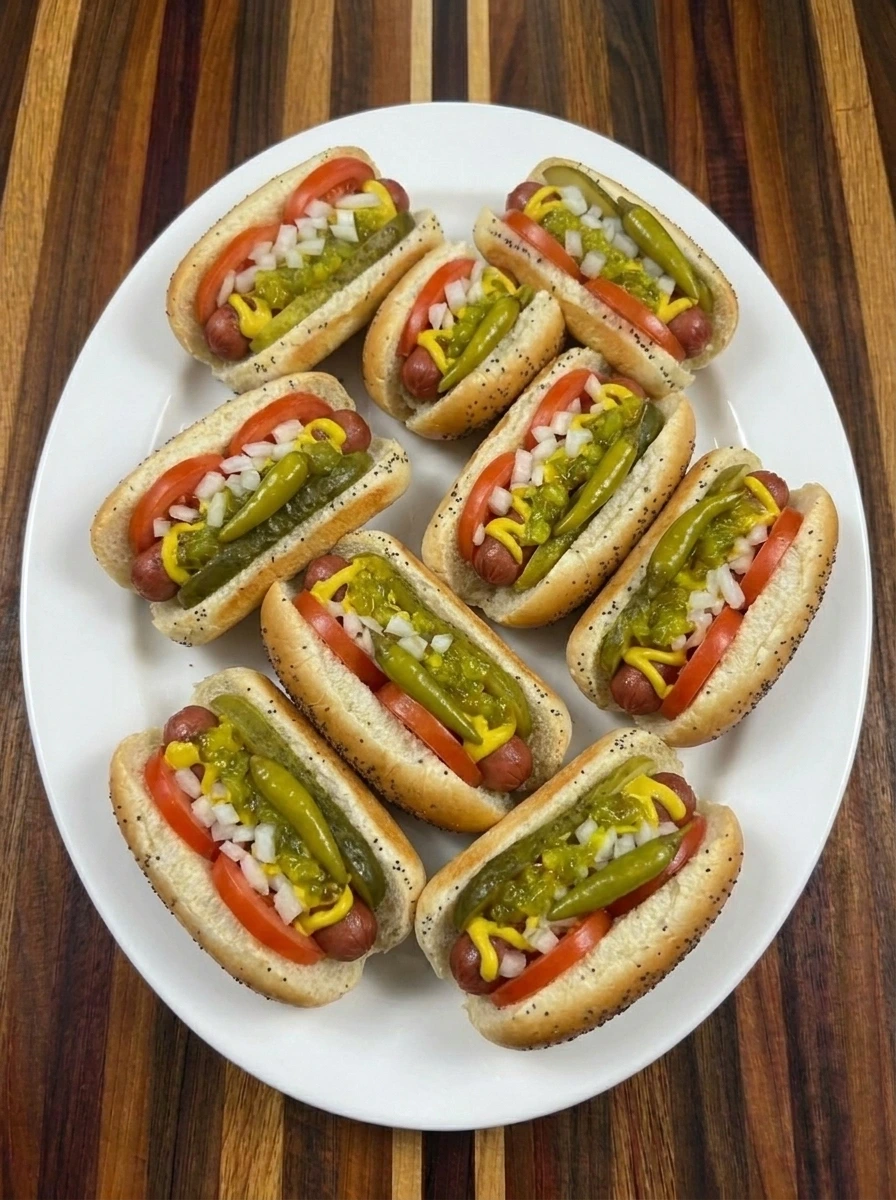 Eight mini Chicago-style hot dogs assembled with mustard and relish and onions and tomatoes and pickles and sport peppers.