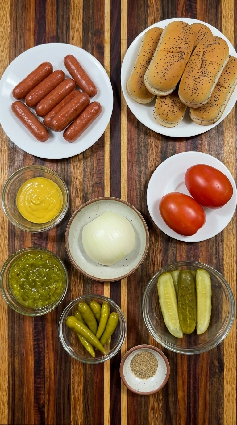 Ingredients for Mini Chicago-Style Hot Dogs including beef hot dogs and poppy seed buns and mustard and green relish and vegetables.