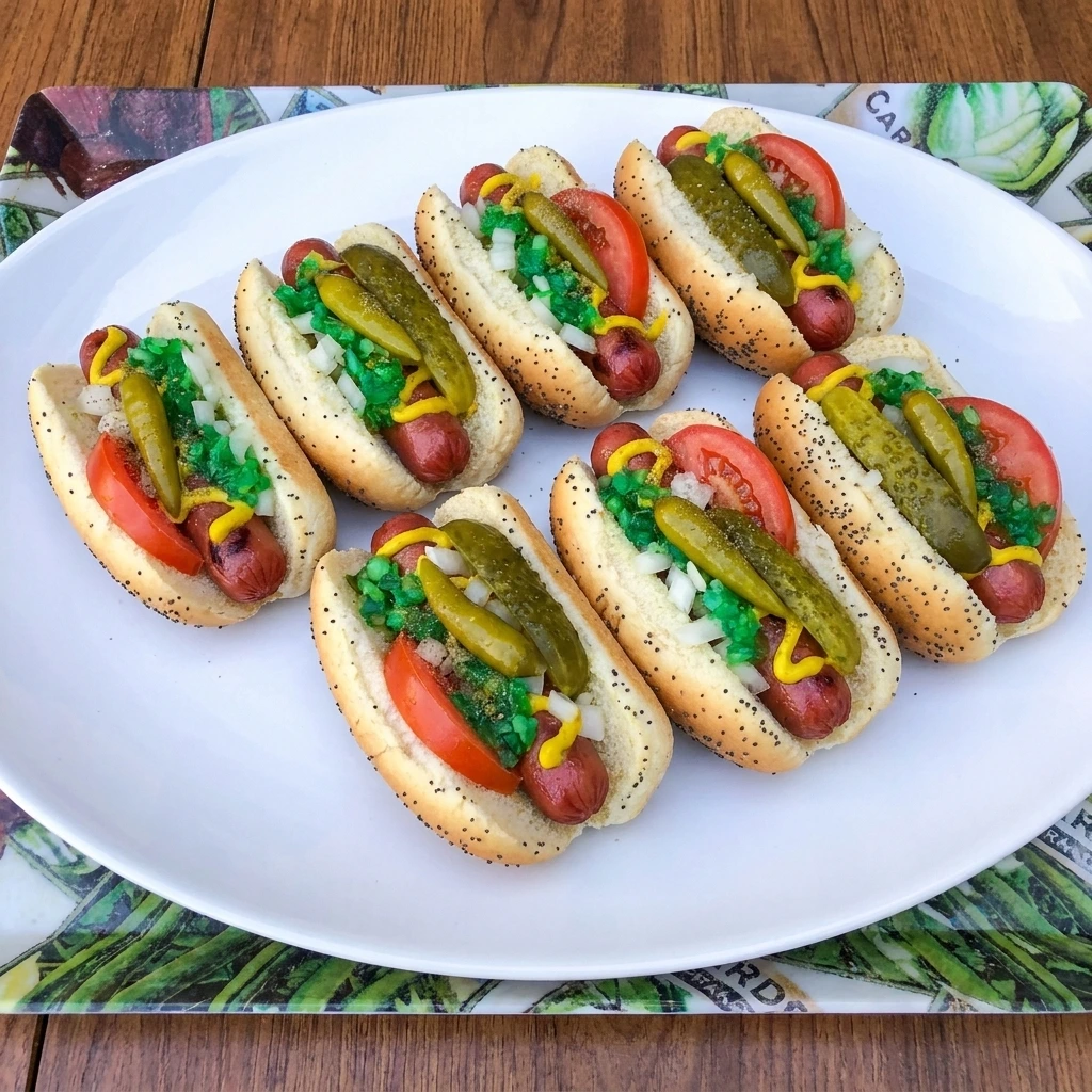 Eight Mini Chicago-Style Hot Dogs topped with yellow mustard and green relish and onions and tomatoes and pickle spears.