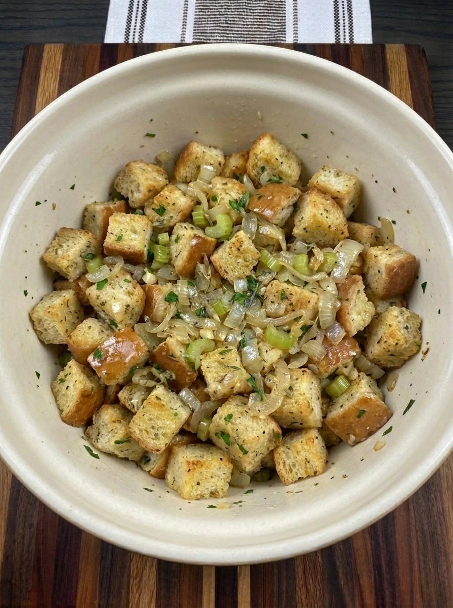 Toasted bread cubes mixed with seasoned broth and buttery vegetables for Thanksgiving Stuffing