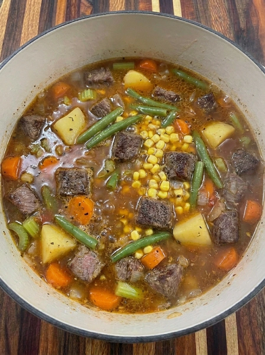 Finished vegetable beef soup simmering with tender potatoes and green beans and corn and browned beef.