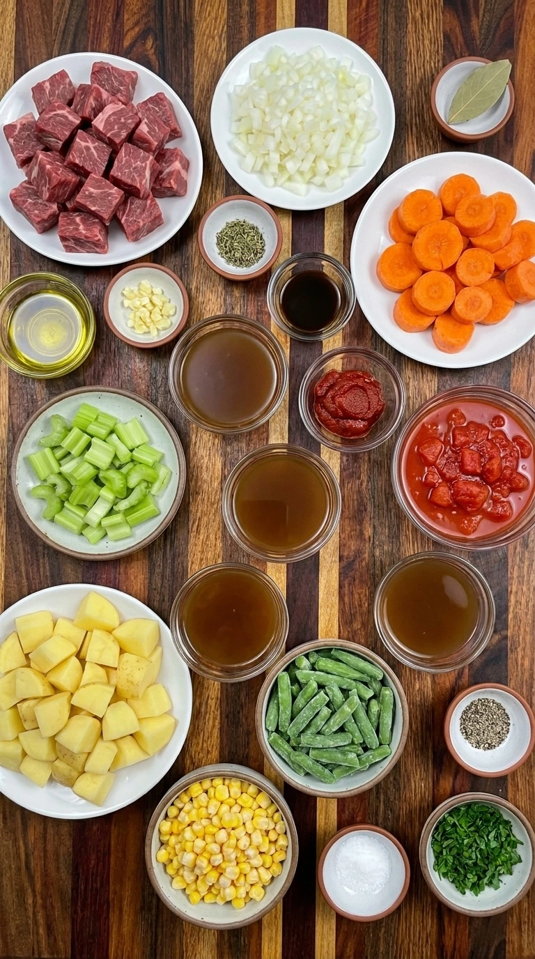 Raw ingredients for vegetable beef soup including cubed beef and potatoes and carrots and celery and beef broth.