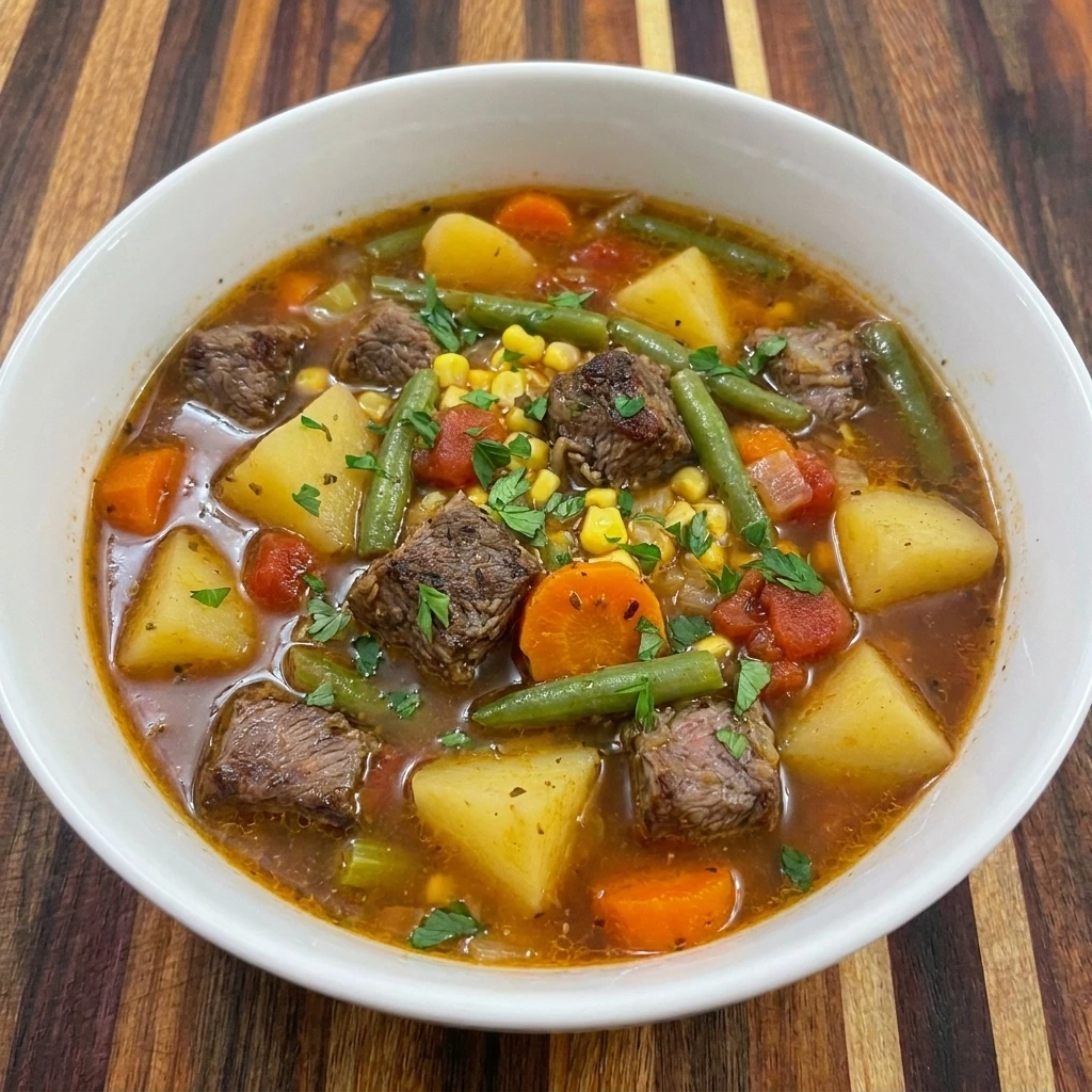 Single bowl of Old-Fashioned Vegetable Beef Soup with tender beef and potatoes and vegetables topped with parsley.