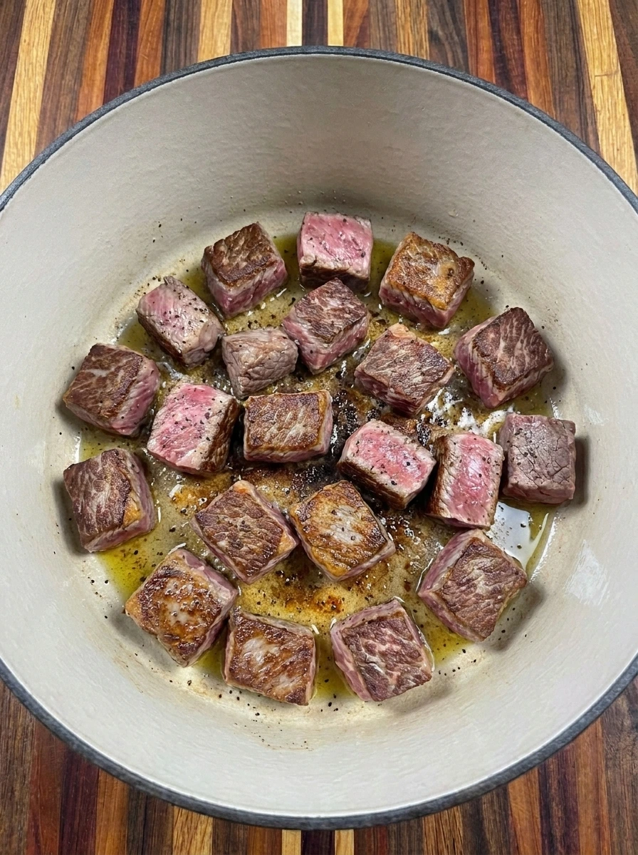 Beef chuck cubes developing golden-brown edges in a large pot for homemade vegetable beef soup.