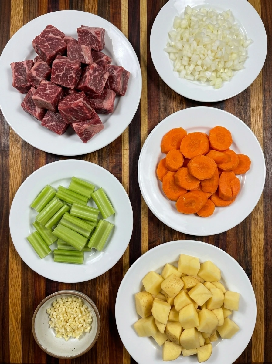 Cubed raw beef and freshly chopped carrots and celery and onions and potatoes ready for vegetable beef soup.