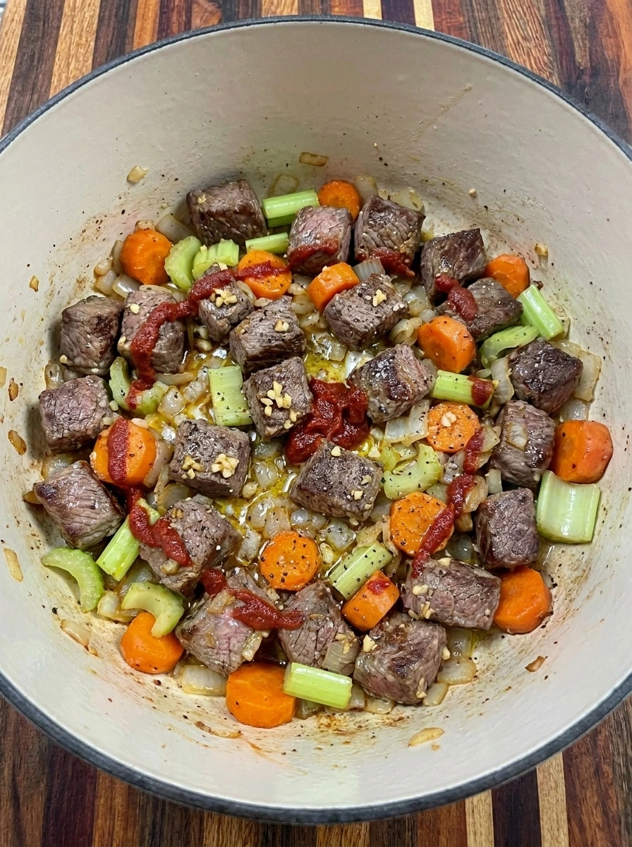 Browned beef and softened onions and carrots and celery coated with tomato paste in a soup pot.