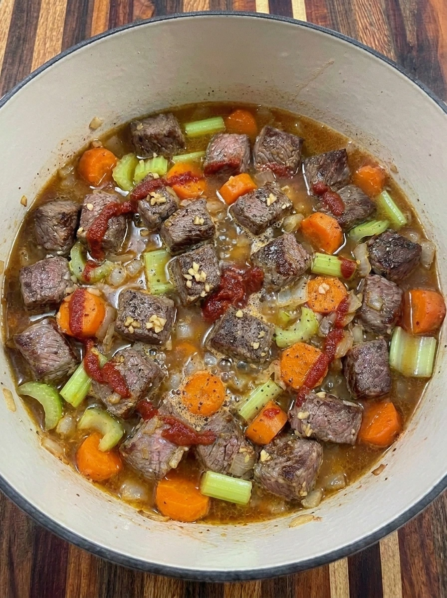 Beef and aromatic vegetables simmering in a tomato beef broth before potatoes and green vegetables are added.