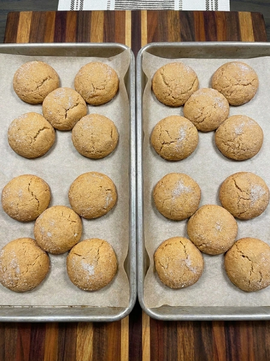 Freshly baked golden peanut butter cookies with soft domed centers and lightly cracked sugar-coated tops on baking trays
