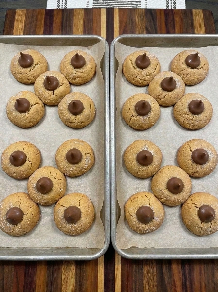 Warm peanut butter cookies with milk chocolate kisses pressed into their centers and natural cracks around the chocolate