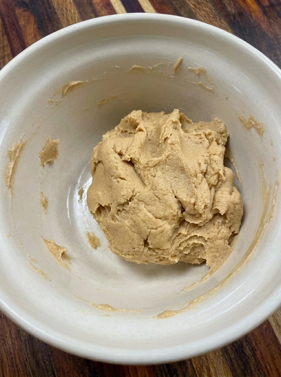 Thick peanut butter cookie dough mixed with egg and flour in a ceramic mixing bowl