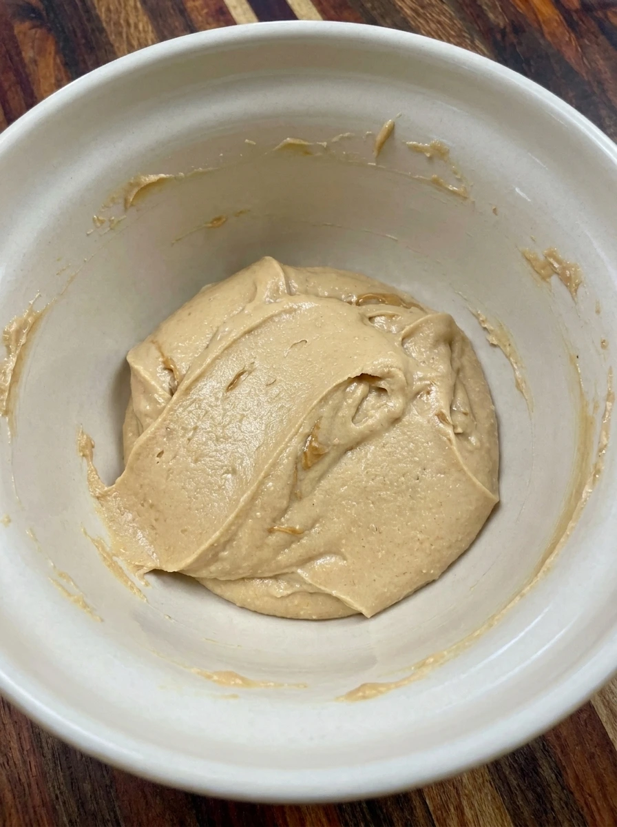 Creamy peanut butter and softened butter mixed with granulated sugar and brown sugar in a ceramic bowl