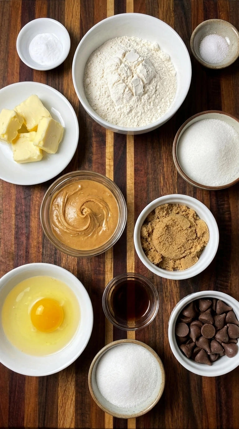Measured ingredients for Peanut Butter Blossoms including peanut butter and flour and sugars and butter and egg and chocolate kisses