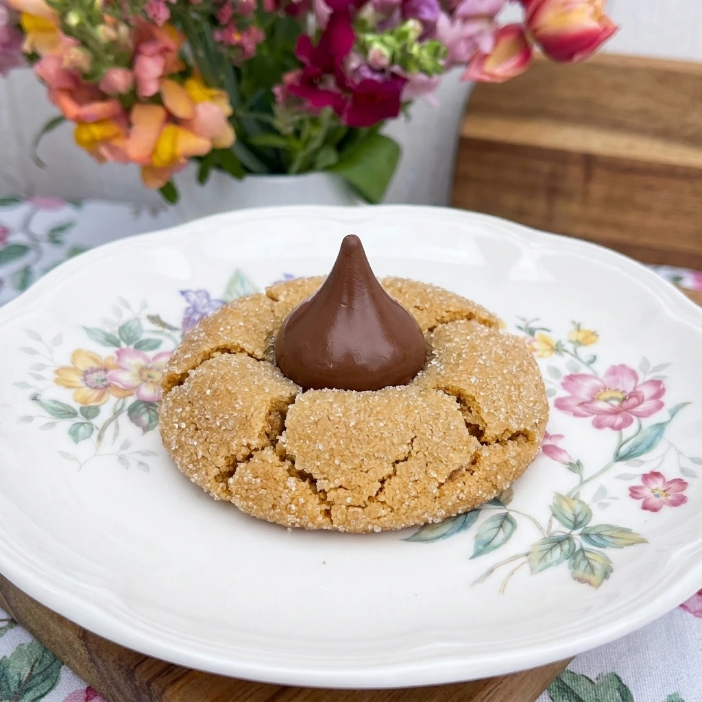 One homemade Peanut Butter Blossom cookie with a chocolate kiss and cracked golden peanut butter exterior on a white plate