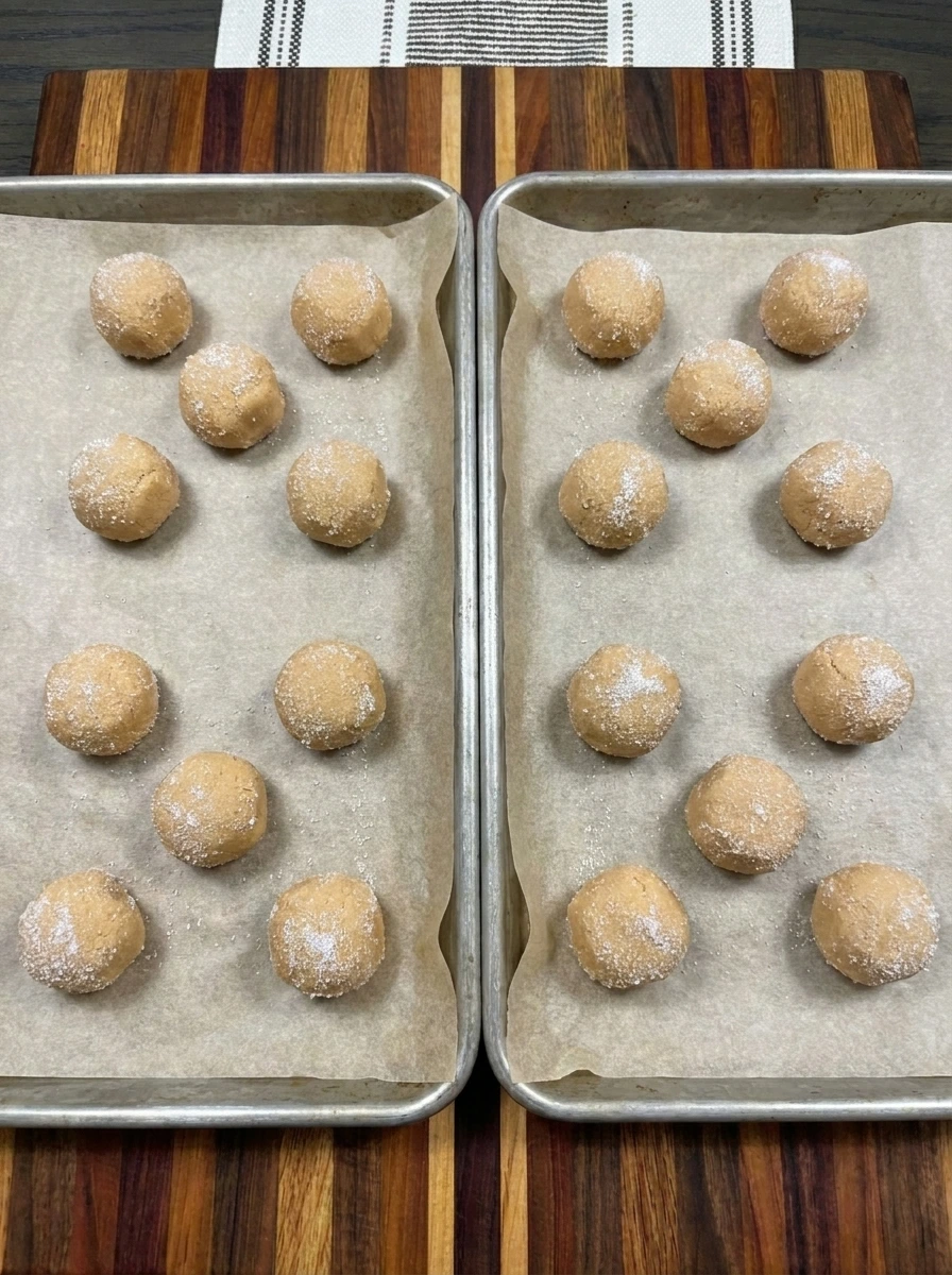 Twenty-four peanut butter cookie dough balls coated with granulated sugar and spaced on parchment-lined baking trays
