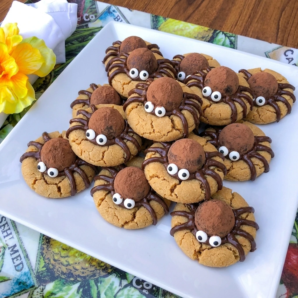 Peanut Butter Spider Cookies with chocolate spider bodies and candy eyes