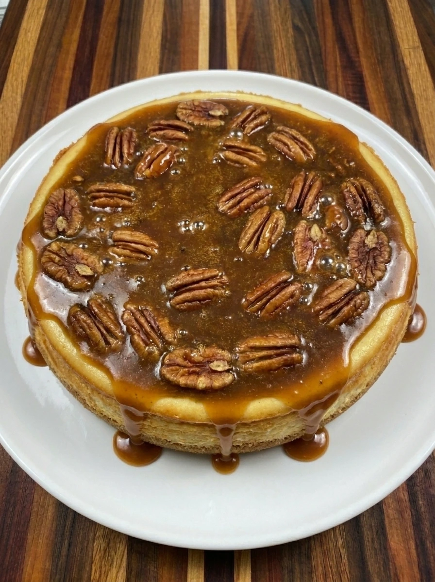 Whole pecan pie cheesecake topped with glossy caramel pecans on a white serving plate
