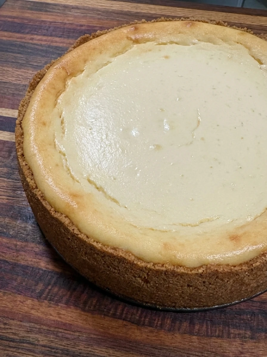 Freshly baked vanilla cheesecake with lightly golden edges inside a springform pan