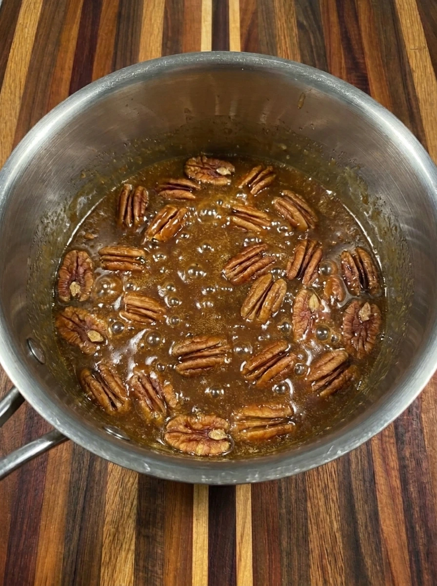 Pecan halves simmering in glossy brown sugar caramel sauce inside a saucepan
