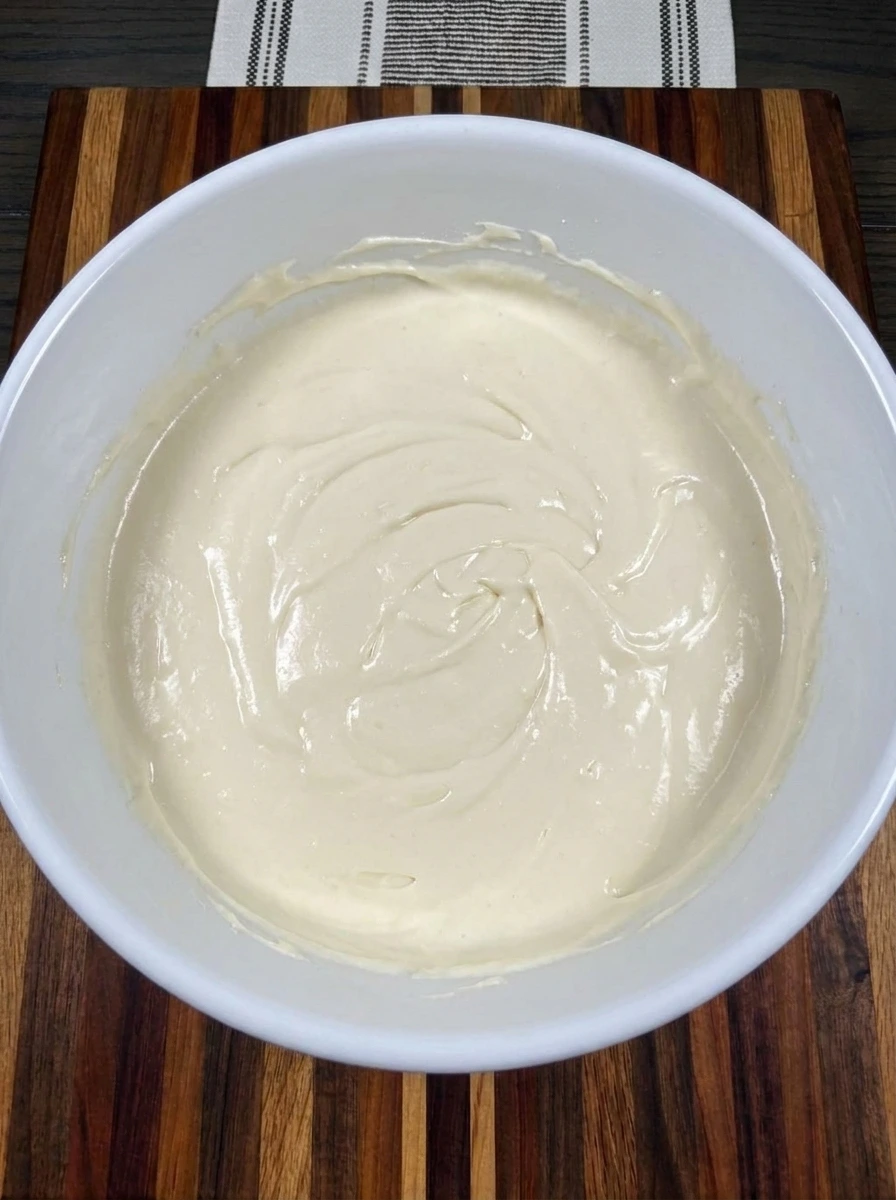Smooth vanilla cheesecake batter mixed in a white bowl