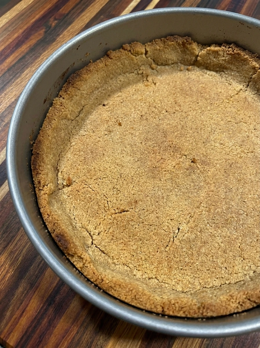 Golden prebaked graham cracker crust pressed into a springform cake pan