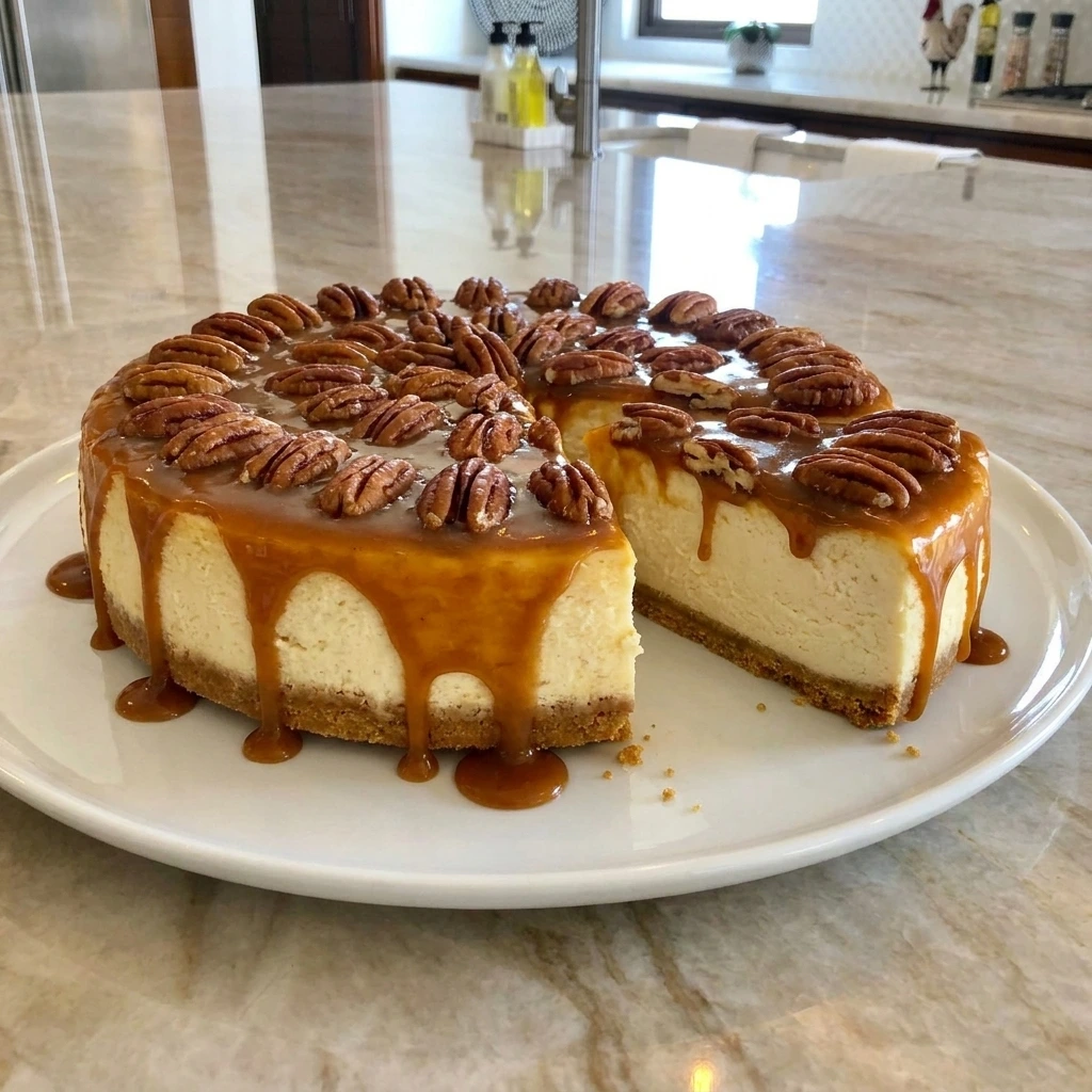 Homemade Pecan Pie Cheesecake with glossy caramel pecan topping and creamy vanilla filling on a white serving plate